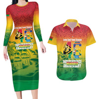 Vanuatu Indipendens Dei Couples Matching Long Sleeve Bodycon Dress and Hawaiian Shirt Yumi 46th Independence Anniversary LT14 Reggae - Polynesian Pride