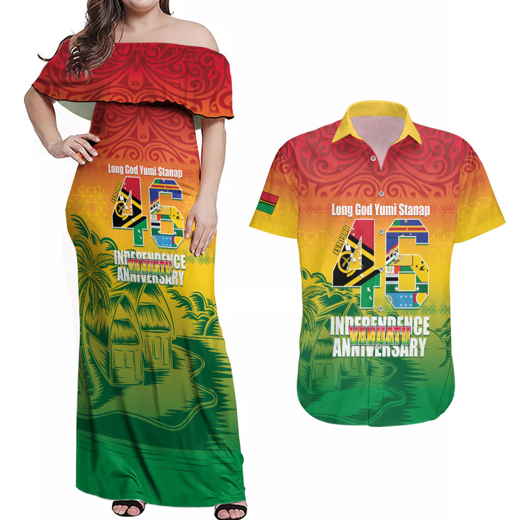 Vanuatu Indipendens Dei Couples Matching Off Shoulder Maxi Dress and Hawaiian Shirt Yumi 46th Independence Anniversary LT14 Reggae - Polynesian Pride