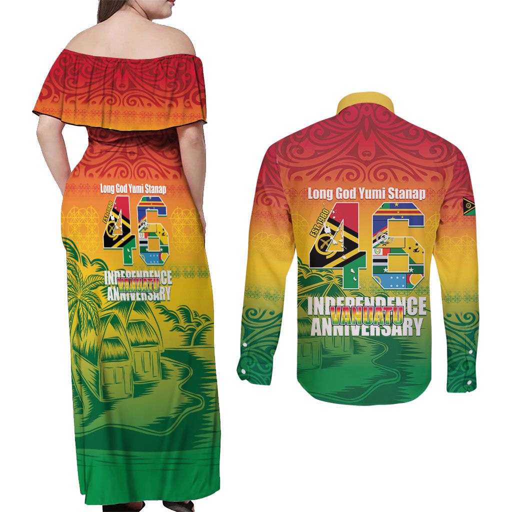 Vanuatu Indipendens Dei Couples Matching Off Shoulder Maxi Dress and Long Sleeve Button Shirt Yumi 46th Independence Anniversary