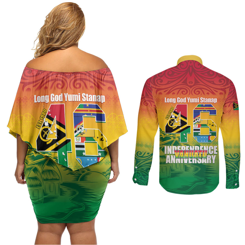 Vanuatu Indipendens Dei Couples Matching Off Shoulder Short Dress and Long Sleeve Button Shirt Yumi 46th Independence Anniversary