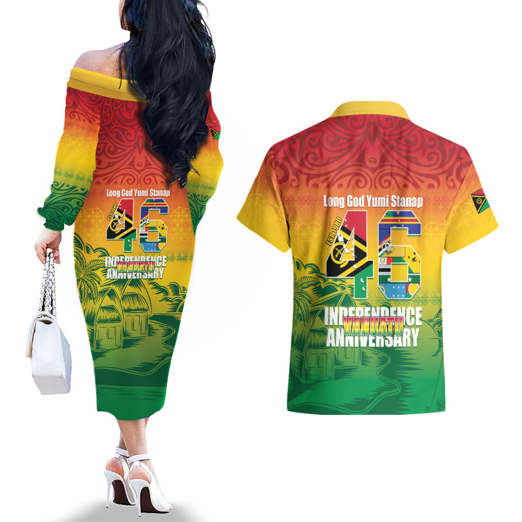 Vanuatu Indipendens Dei Couples Matching Off The Shoulder Long Sleeve Dress and Hawaiian Shirt Yumi 46th Independence Anniversary LT14 - Polynesian Pride