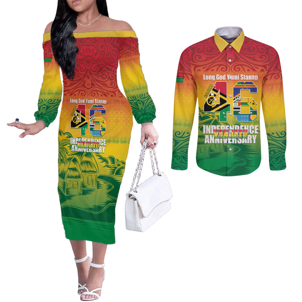 Vanuatu Indipendens Dei Couples Matching Off The Shoulder Long Sleeve Dress and Long Sleeve Button Shirt Yumi 46th Independence Anniversary LT14 Reggae - Polynesian Pride