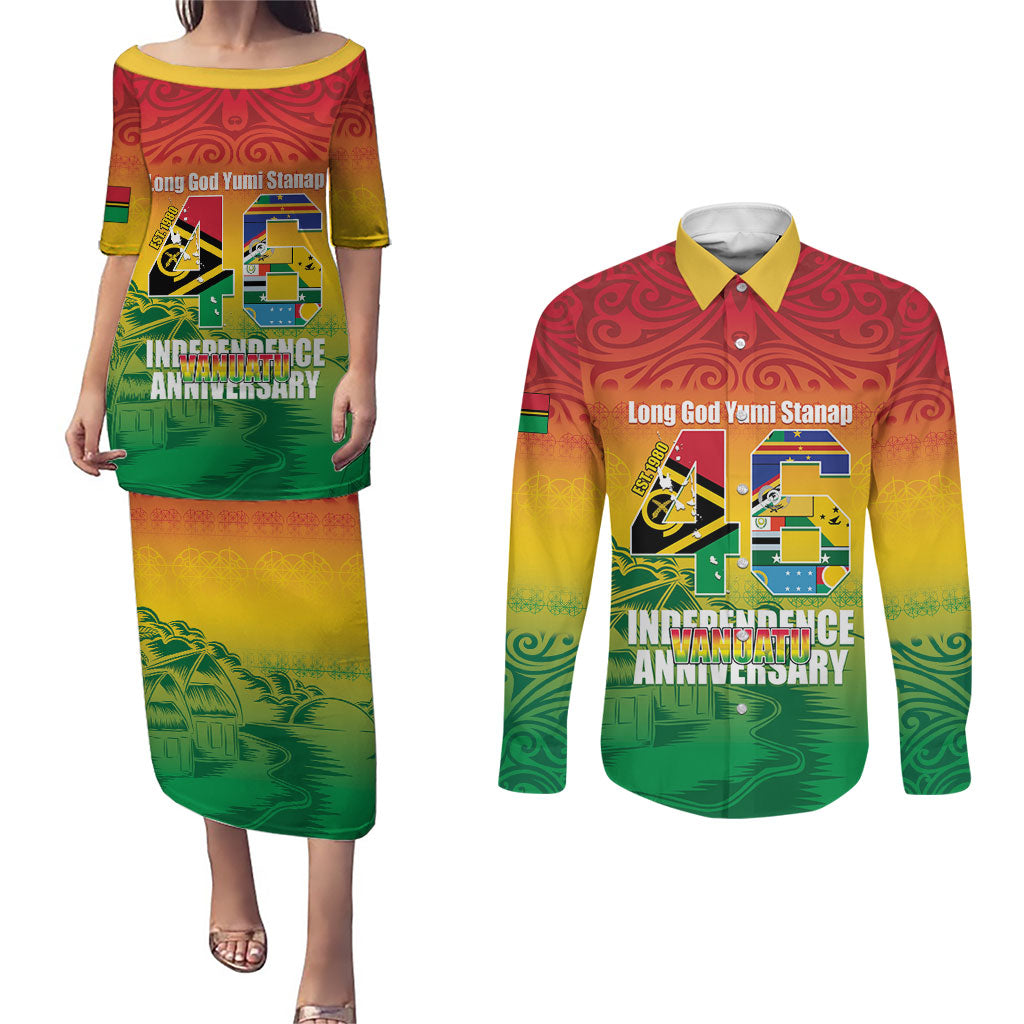 Vanuatu Indipendens Dei Couples Matching Puletasi and Long Sleeve Button Shirt Yumi 46th Independence Anniversary