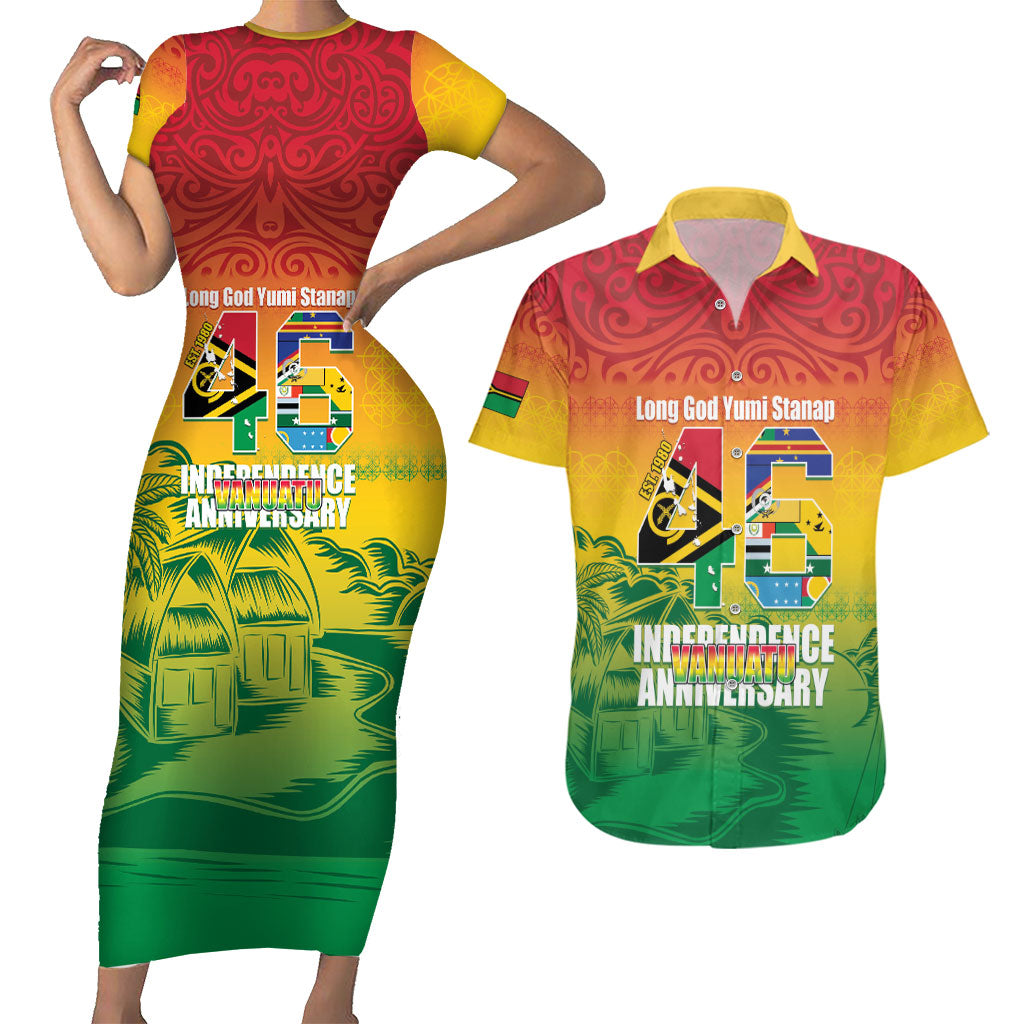 Vanuatu Indipendens Dei Couples Matching Short Sleeve Bodycon Dress and Hawaiian Shirt Yumi 46th Independence Anniversary