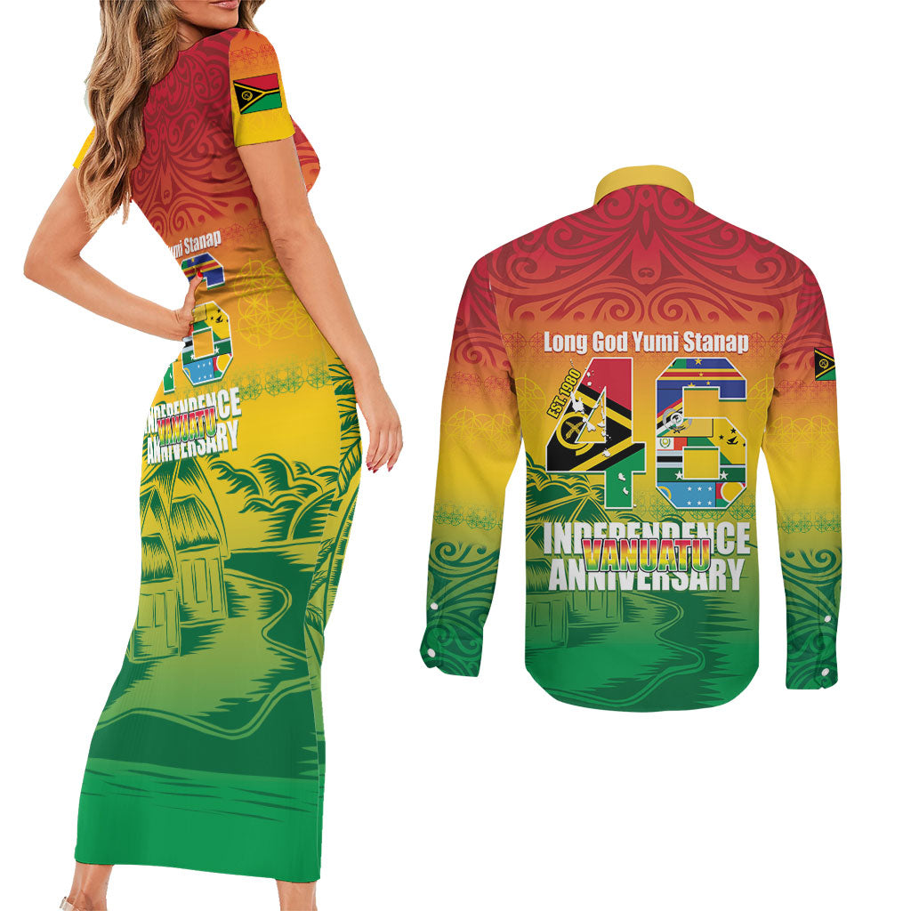 Vanuatu Indipendens Dei Couples Matching Short Sleeve Bodycon Dress and Long Sleeve Button Shirt Yumi 46th Independence Anniversary LT14 - Polynesian Pride