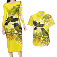 Bellbird New Zealand Couples Matching Long Sleeve Bodycon Dress and Hawaiian Shirt Korimako Kowhai Maori Pattern LT14 Yellow - Polynesian Pride