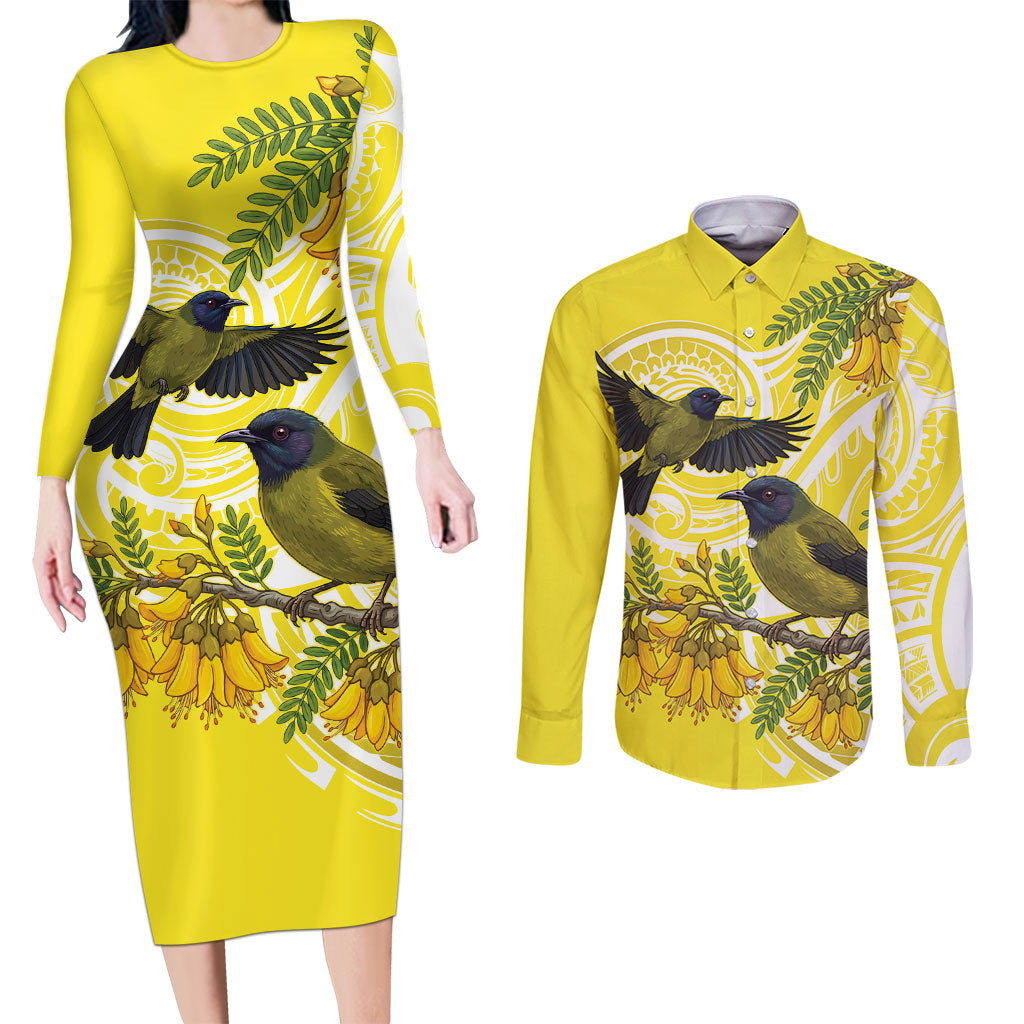 Bellbird New Zealand Couples Matching Long Sleeve Bodycon Dress and Long Sleeve Button Shirt Korimako Kowhai Maori Pattern LT14 Yellow - Polynesian Pride