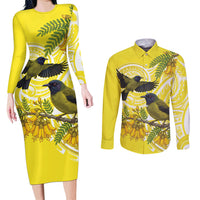 Bellbird New Zealand Couples Matching Long Sleeve Bodycon Dress and Long Sleeve Button Shirt Korimako Kowhai Maori Pattern LT14 Yellow - Polynesian Pride