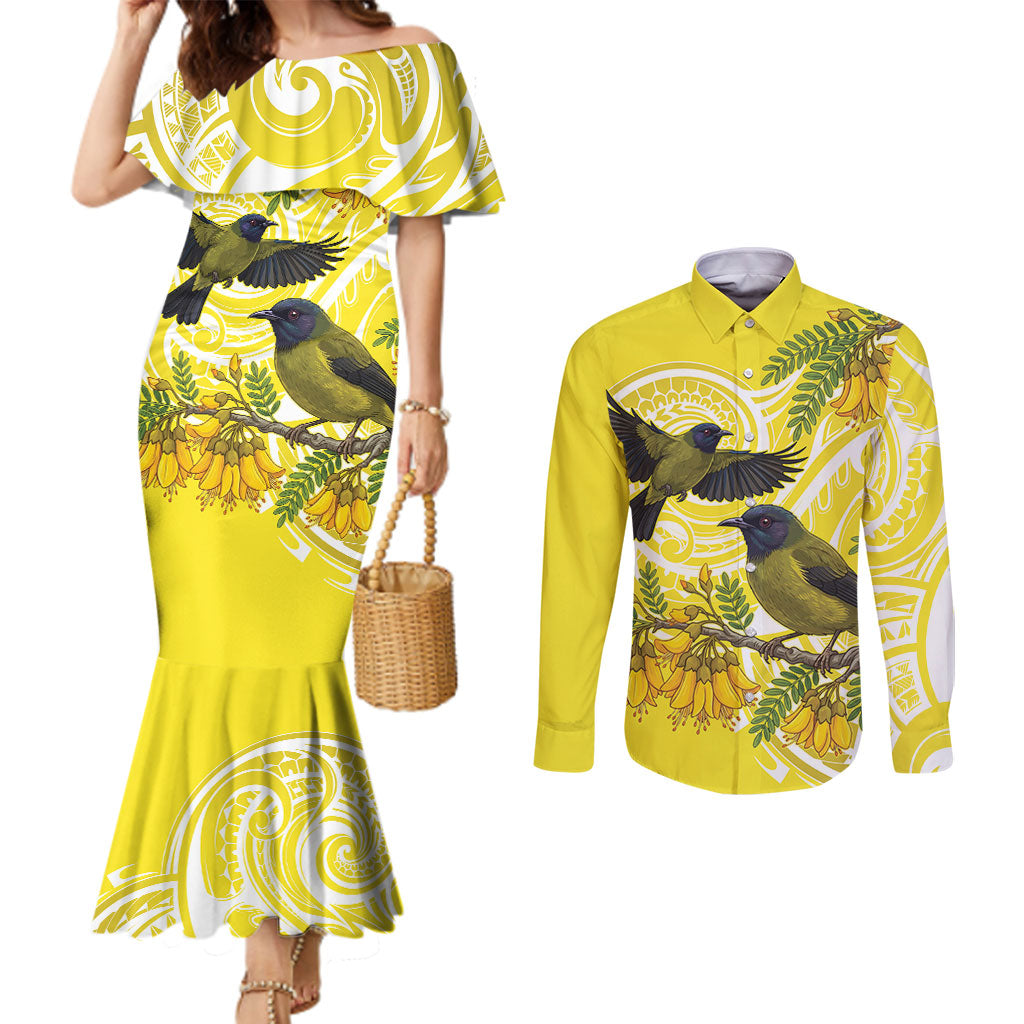 Bellbird New Zealand Couples Matching Mermaid Dress and Long Sleeve Button Shirt Korimako Kowhai Maori Pattern LT14 Yellow - Polynesian Pride