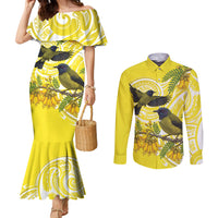 Bellbird New Zealand Couples Matching Mermaid Dress and Long Sleeve Button Shirt Korimako Kowhai Maori Pattern LT14 Yellow - Polynesian Pride