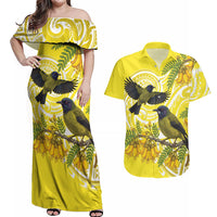 Bellbird New Zealand Couples Matching Off Shoulder Maxi Dress and Hawaiian Shirt Korimako Kowhai Maori Pattern LT14 Yellow - Polynesian Pride