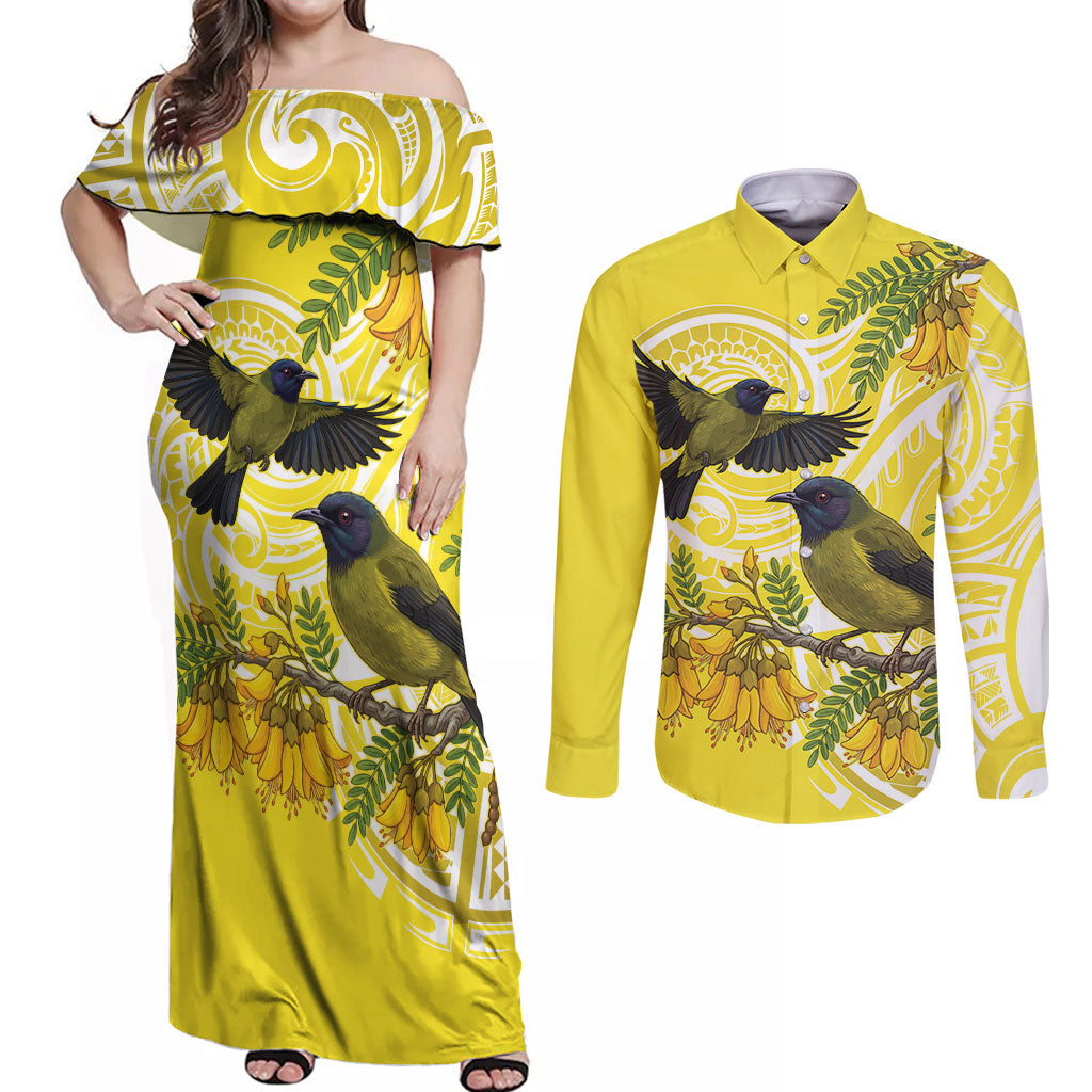 Bellbird New Zealand Couples Matching Off Shoulder Maxi Dress and Long Sleeve Button Shirt Korimako Kowhai Maori Pattern LT14 Yellow - Polynesian Pride