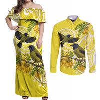 Bellbird New Zealand Couples Matching Off Shoulder Maxi Dress and Long Sleeve Button Shirt Korimako Kowhai Maori Pattern LT14 Yellow - Polynesian Pride