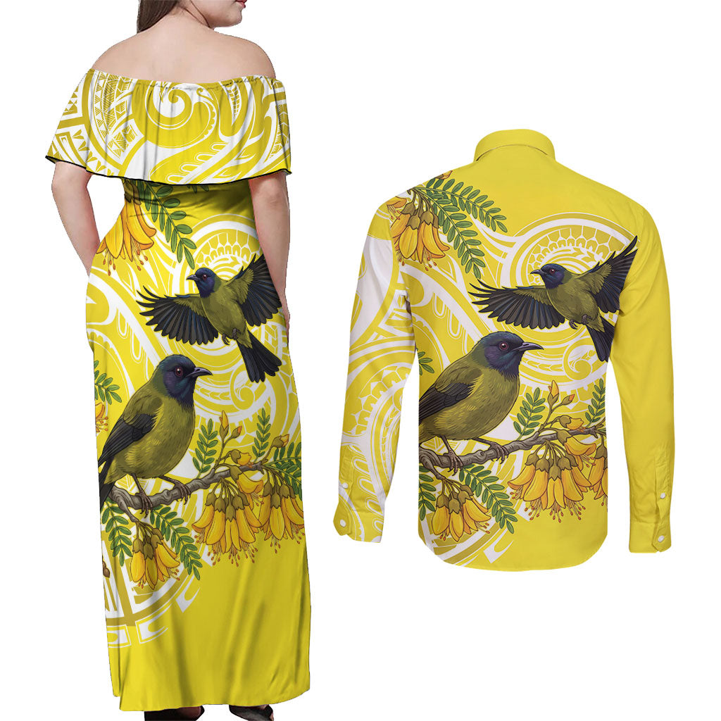 Bellbird New Zealand Couples Matching Off Shoulder Maxi Dress and Long Sleeve Button Shirt Korimako Kowhai Maori Pattern LT14 - Polynesian Pride