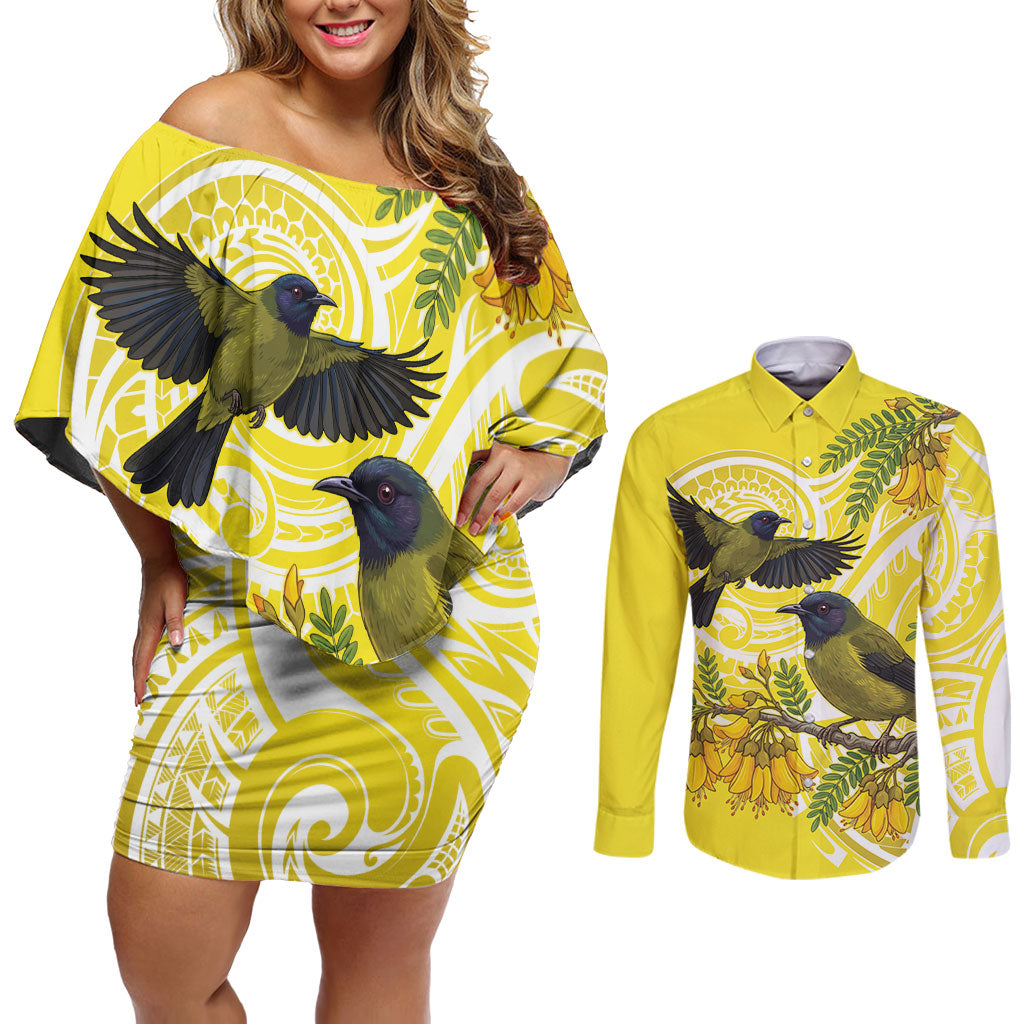 Bellbird New Zealand Couples Matching Off Shoulder Short Dress and Long Sleeve Button Shirt Korimako Kowhai Maori Pattern LT14 Yellow - Polynesian Pride