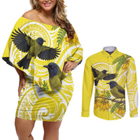 Bellbird New Zealand Couples Matching Off Shoulder Short Dress and Long Sleeve Button Shirt Korimako Kowhai Maori Pattern LT14 Yellow - Polynesian Pride