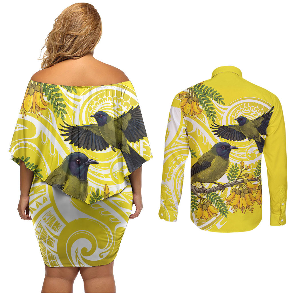 Bellbird New Zealand Couples Matching Off Shoulder Short Dress and Long Sleeve Button Shirt Korimako Kowhai Maori Pattern LT14 - Polynesian Pride