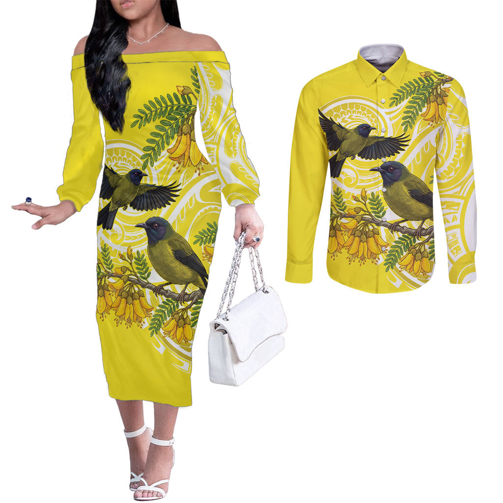 Bellbird New Zealand Couples Matching Off The Shoulder Long Sleeve Dress and Long Sleeve Button Shirt Korimako Kowhai Maori Pattern LT14 Yellow - Polynesian Pride