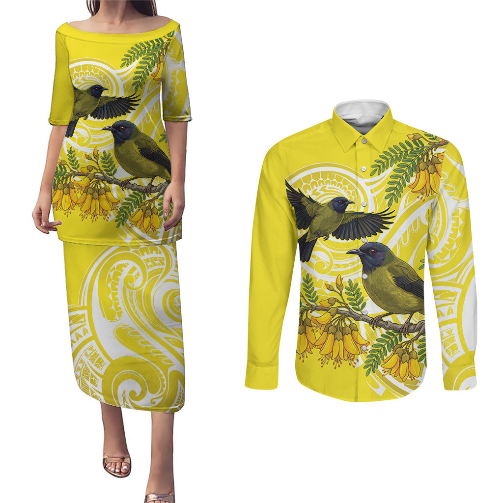 Bellbird New Zealand Couples Matching Puletasi and Long Sleeve Button Shirt Korimako Kowhai Maori Pattern LT14 Yellow - Polynesian Pride