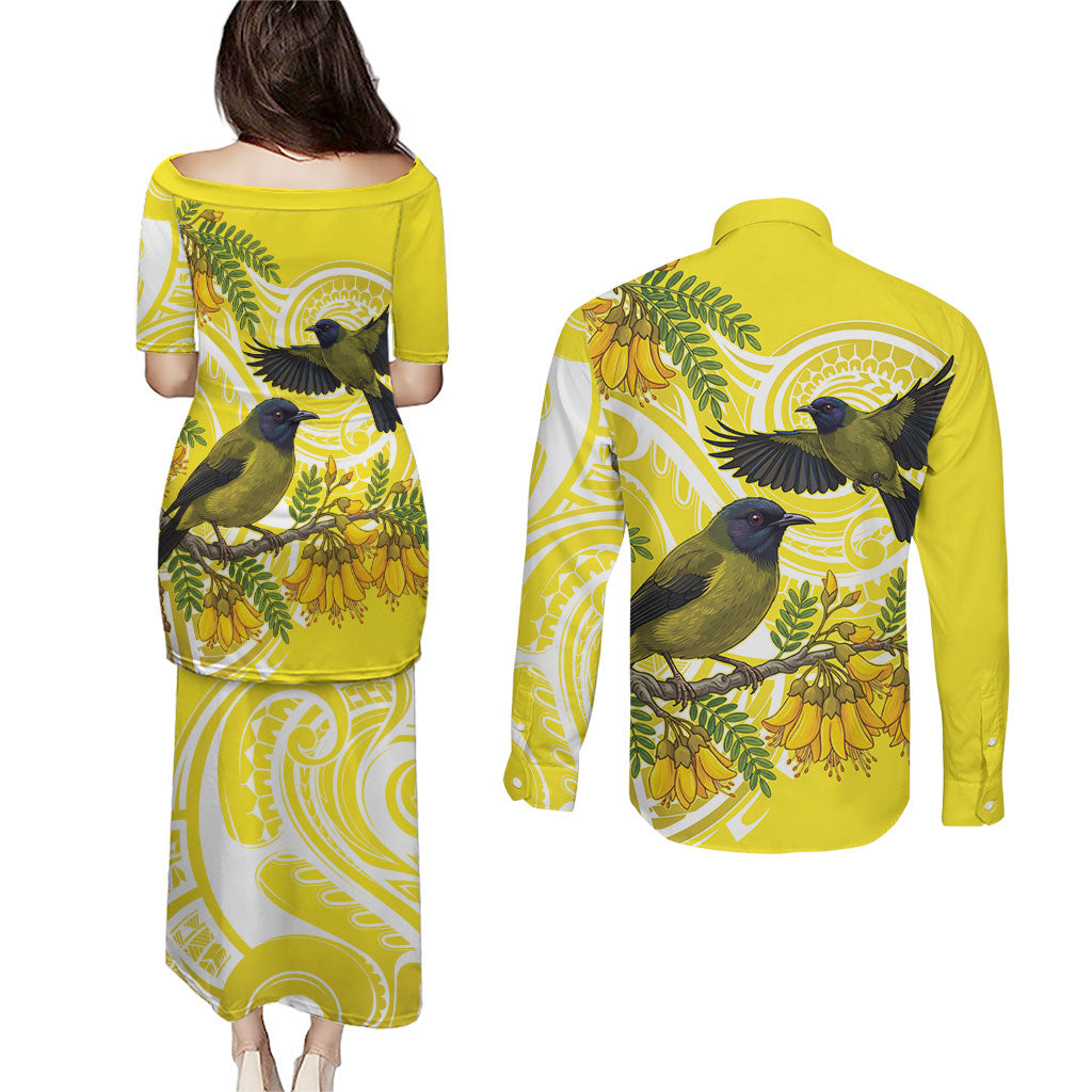 Bellbird New Zealand Couples Matching Puletasi and Long Sleeve Button Shirt Korimako Kowhai Maori Pattern LT14 - Polynesian Pride