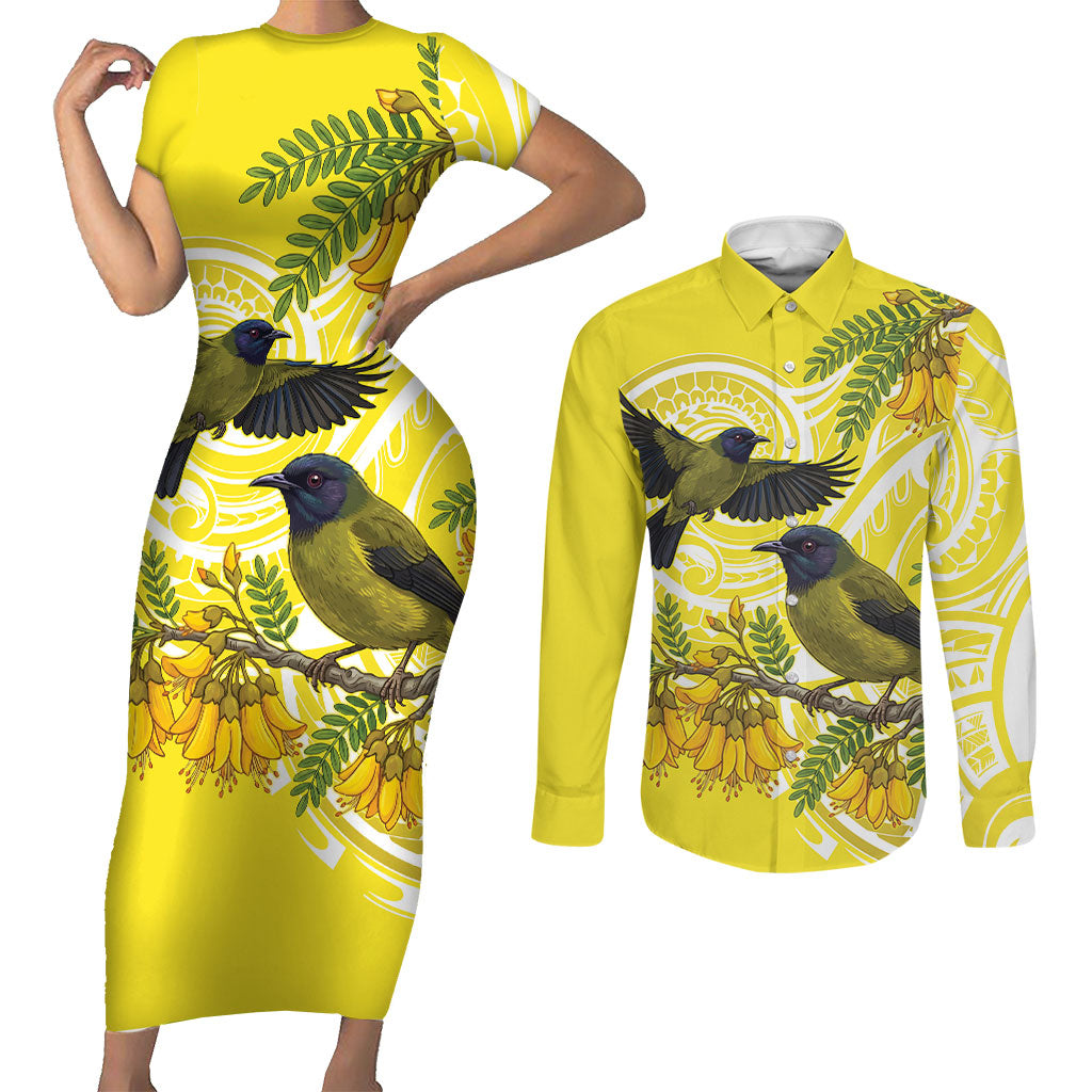 Bellbird New Zealand Couples Matching Short Sleeve Bodycon Dress and Long Sleeve Button Shirt Korimako Kowhai Maori Pattern LT14 Yellow - Polynesian Pride