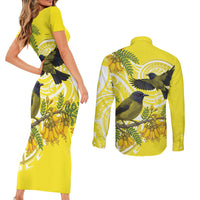 Bellbird New Zealand Couples Matching Short Sleeve Bodycon Dress and Long Sleeve Button Shirt Korimako Kowhai Maori Pattern LT14 - Polynesian Pride
