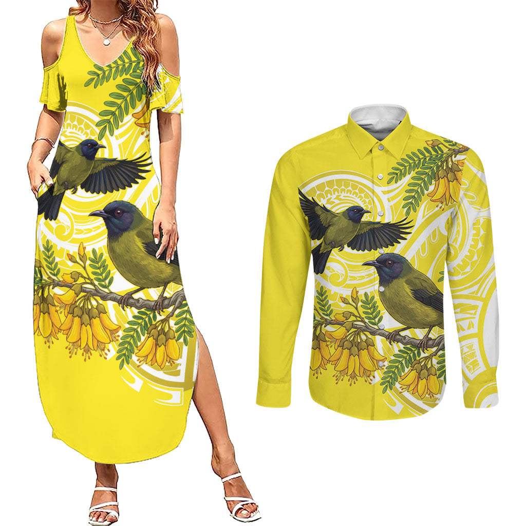 Bellbird New Zealand Couples Matching Summer Maxi Dress and Long Sleeve Button Shirt Korimako Kowhai Maori Pattern LT14 Yellow - Polynesian Pride