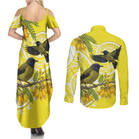 Bellbird New Zealand Couples Matching Summer Maxi Dress and Long Sleeve Button Shirt Korimako Kowhai Maori Pattern LT14 - Polynesian Pride