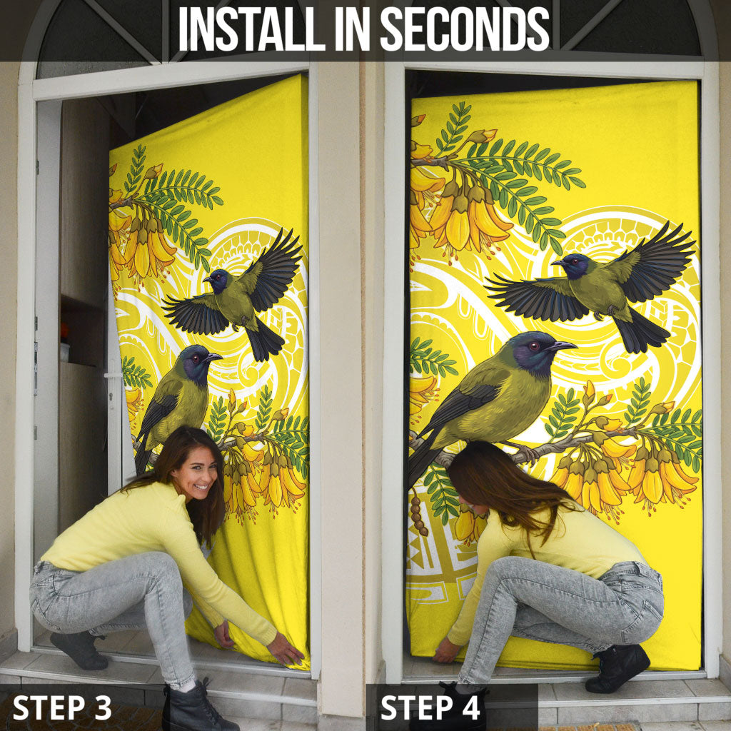 Bellbird New Zealand Door Cover Korimako Kowhai Maori Pattern
