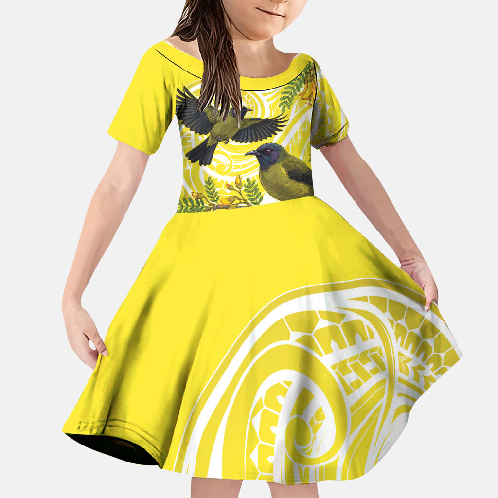 Bellbird New Zealand Family Matching Long Sleeve Bodycon Dress and Hawaiian Shirt Korimako Kowhai Maori Pattern LT14 Daughter's Dress Yellow - Polynesian Pride