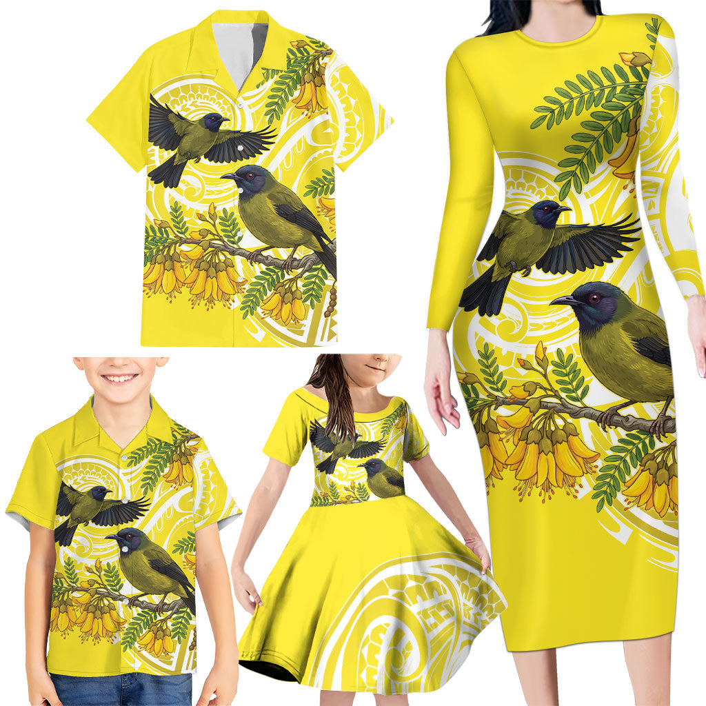 Bellbird New Zealand Family Matching Long Sleeve Bodycon Dress and Hawaiian Shirt Korimako Kowhai Maori Pattern LT14 - Polynesian Pride