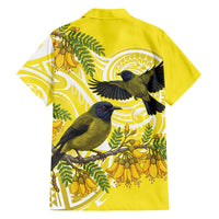 Bellbird New Zealand Family Matching Off The Shoulder Long Sleeve Dress and Hawaiian Shirt Korimako Kowhai Maori Pattern LT14 - Polynesian Pride