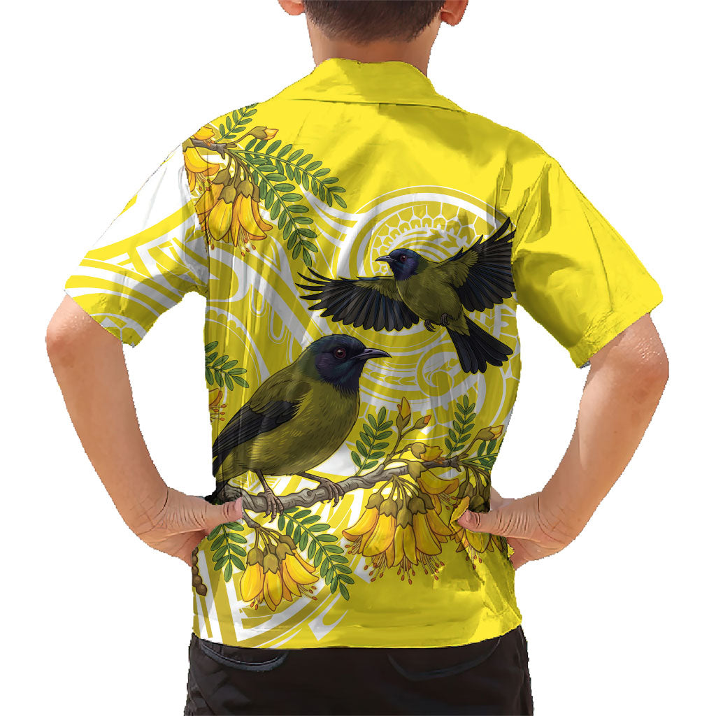 Bellbird New Zealand Family Matching Off Shoulder Maxi Dress and Hawaiian Shirt Korimako Kowhai Maori Pattern LT14 - Polynesian Pride