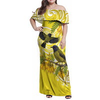 Bellbird New Zealand Family Matching Off Shoulder Maxi Dress and Hawaiian Shirt Korimako Kowhai Maori Pattern LT14 Mom's Dress Yellow - Polynesian Pride