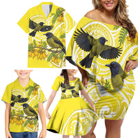 Bellbird New Zealand Family Matching Off Shoulder Short Dress and Hawaiian Shirt Korimako Kowhai Maori Pattern LT14 - Polynesian Pride