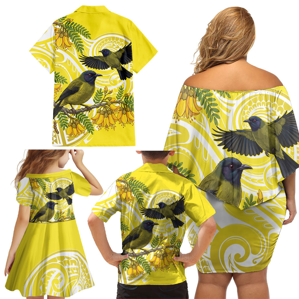 Bellbird New Zealand Family Matching Off Shoulder Short Dress and Hawaiian Shirt Korimako Kowhai Maori Pattern LT14 - Polynesian Pride