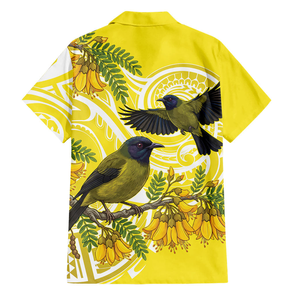 Bellbird New Zealand Family Matching Off Shoulder Short Dress and Hawaiian Shirt Korimako Kowhai Maori Pattern LT14 - Polynesian Pride