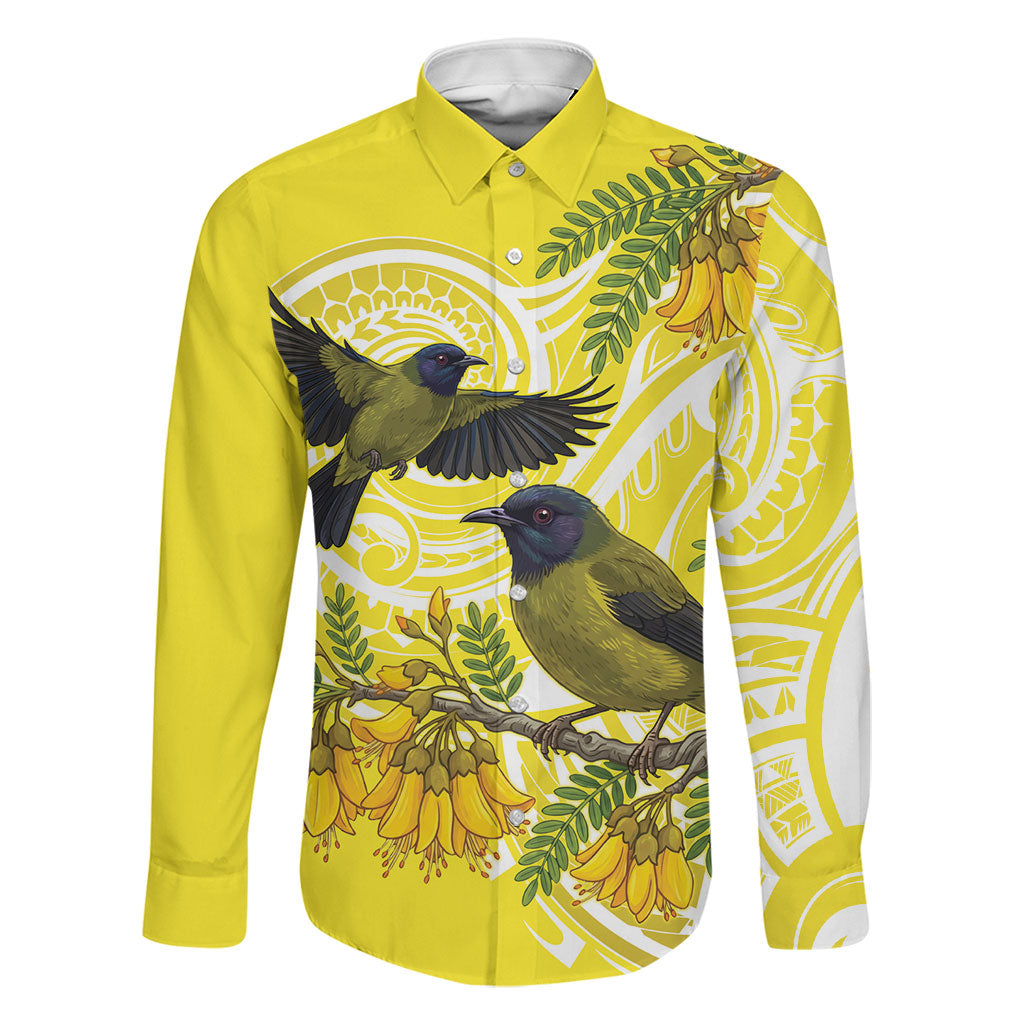 Bellbird New Zealand Family Matching Off Shoulder Short Dress and Hawaiian Shirt Korimako Kowhai Maori Pattern LT14 Dad's Shirt - Long Sleeve Yellow - Polynesian Pride