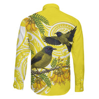Bellbird New Zealand Family Matching Off Shoulder Short Dress and Hawaiian Shirt Korimako Kowhai Maori Pattern LT14 - Polynesian Pride