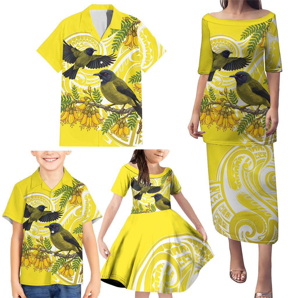 Bellbird New Zealand Family Matching Puletasi and Hawaiian Shirt Korimako Kowhai Maori Pattern LT14 - Polynesian Pride