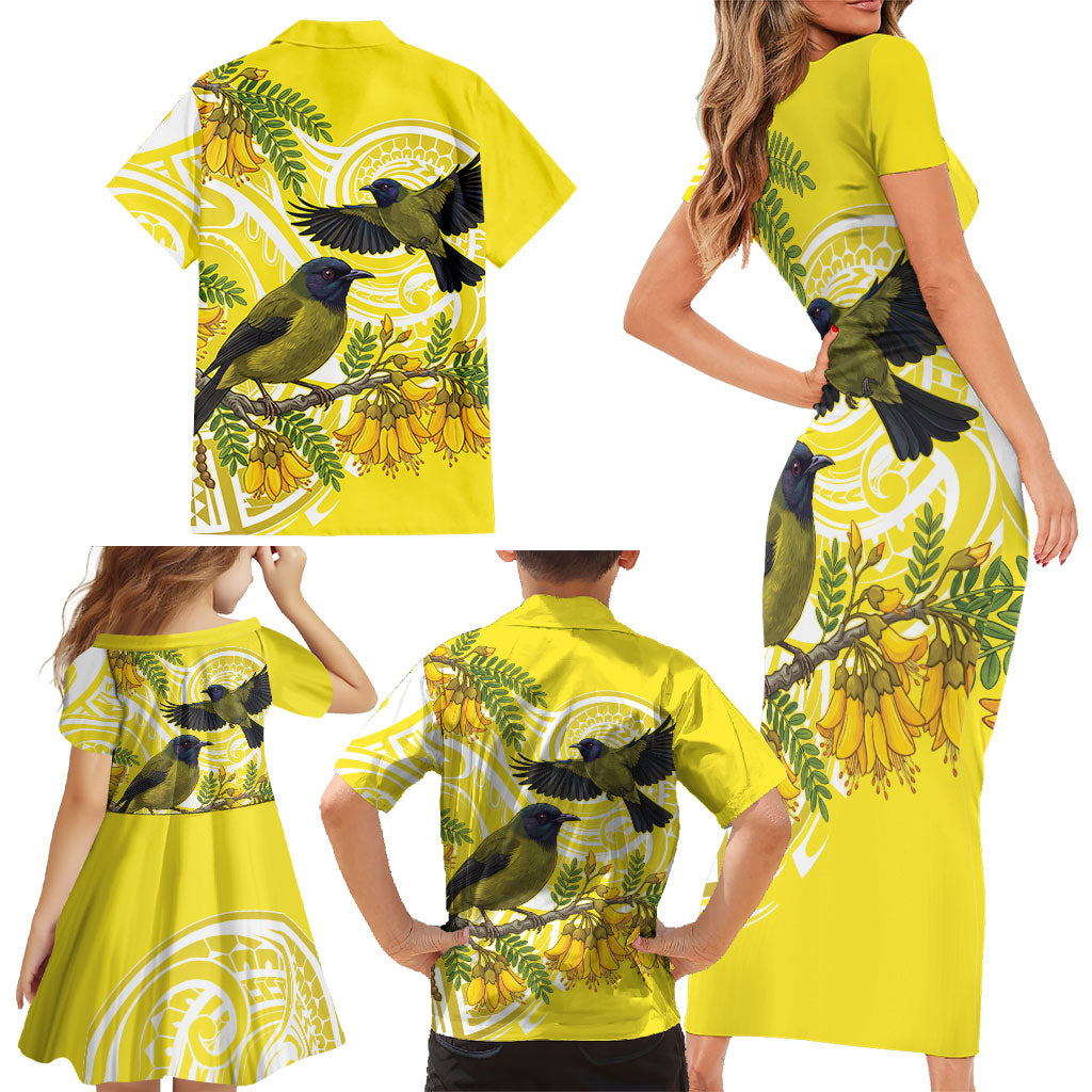 Bellbird New Zealand Family Matching Short Sleeve Bodycon Dress and Hawaiian Shirt Korimako Kowhai Maori Pattern LT14 - Polynesian Pride