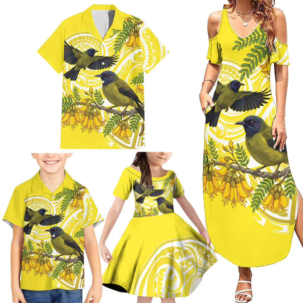 Bellbird New Zealand Family Matching Summer Maxi Dress and Hawaiian Shirt Korimako Kowhai Maori Pattern