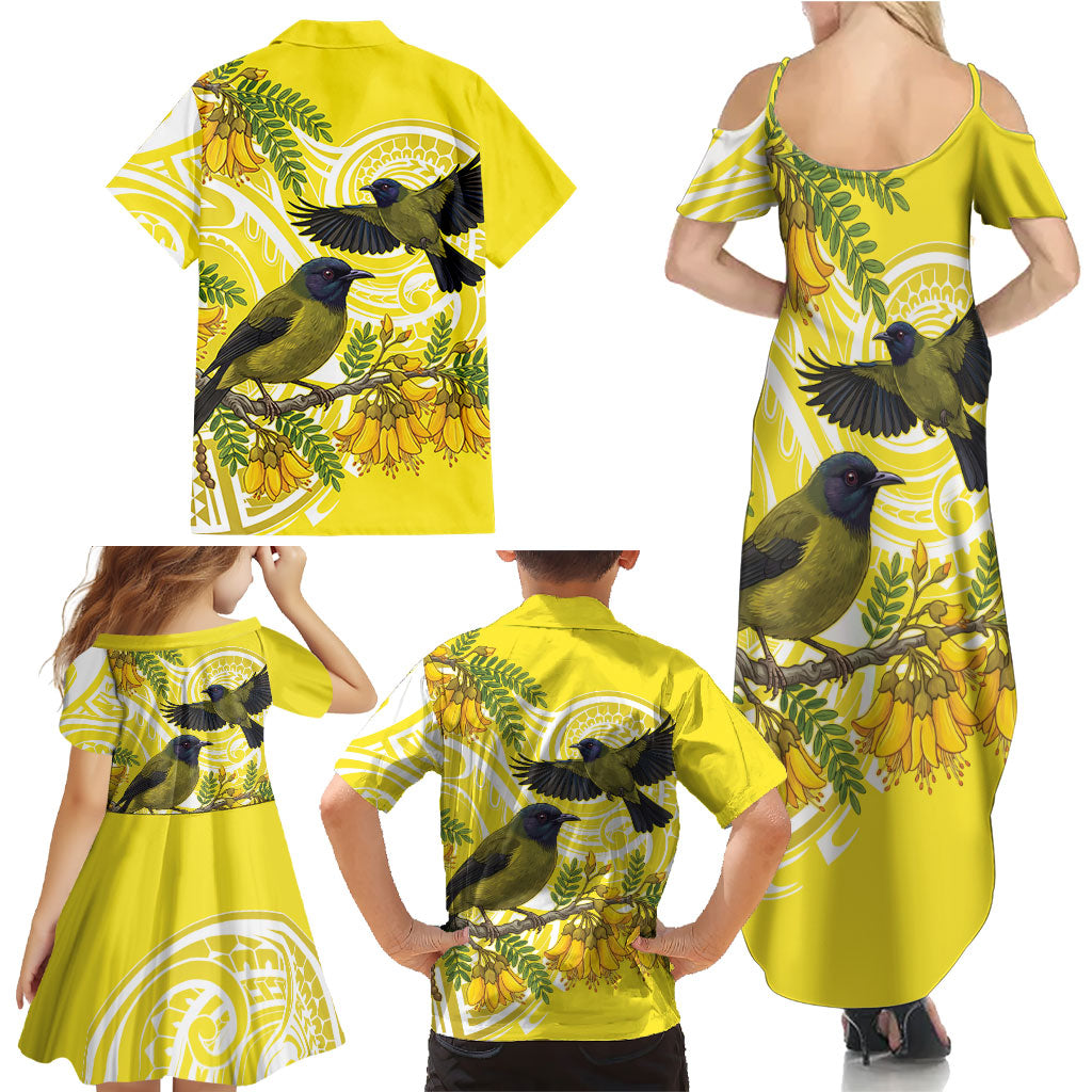 Bellbird New Zealand Family Matching Summer Maxi Dress and Hawaiian Shirt Korimako Kowhai Maori Pattern LT14 - Polynesian Pride