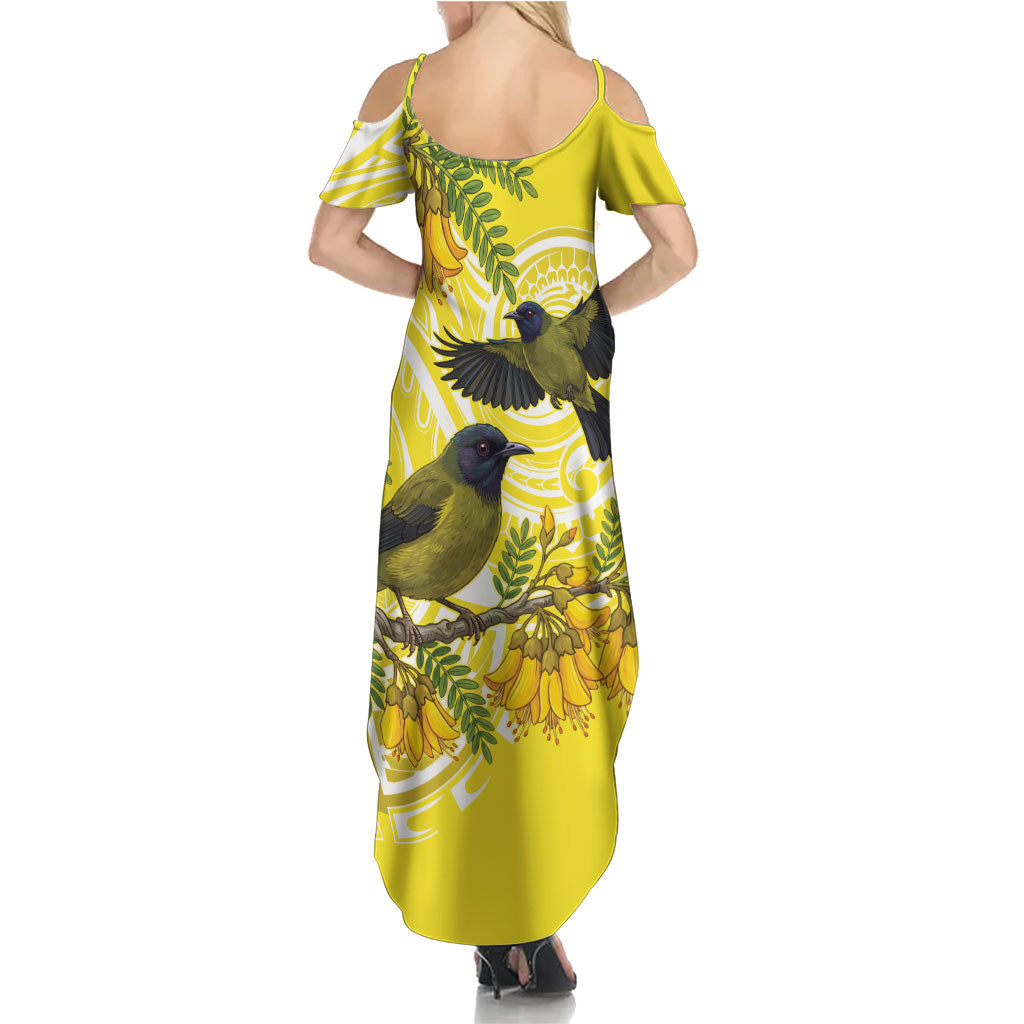 Bellbird New Zealand Family Matching Summer Maxi Dress and Hawaiian Shirt Korimako Kowhai Maori Pattern LT14 - Polynesian Pride