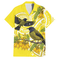 Bellbird New Zealand Family Matching Tank Maxi Dress and Hawaiian Shirt Korimako Kowhai Maori Pattern LT14 Dad's Shirt - Short Sleeve Yellow - Polynesian Pride