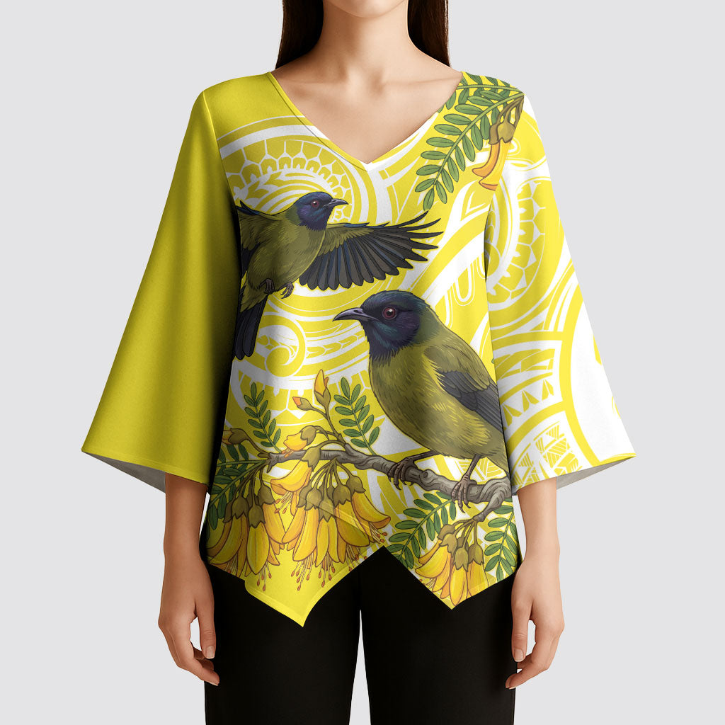 Bellbird New Zealand Kimono Sleeve Blouse Korimako Kowhai Maori Pattern