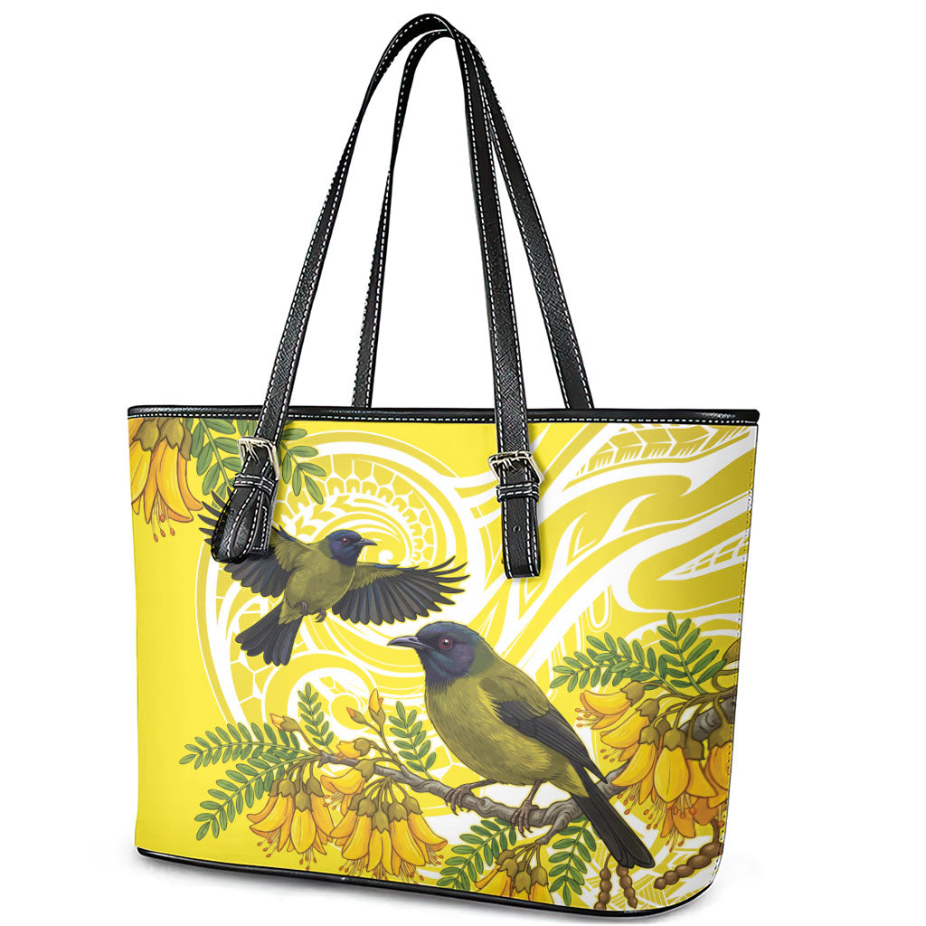 Bellbird New Zealand Leather Tote Bag Korimako Kowhai Maori Pattern