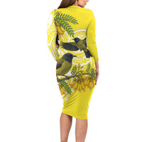 Bellbird New Zealand Long Sleeve Bodycon Dress Korimako Kowhai Maori Pattern LT14 - Polynesian Pride