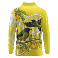 Bellbird New Zealand Long Sleeve Polo Shirt Korimako Kowhai Maori Pattern