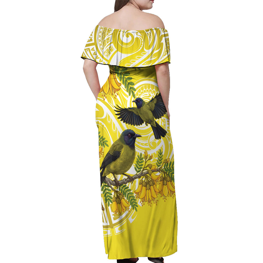 Bellbird New Zealand Off Shoulder Maxi Dress Korimako Kowhai Maori Pattern